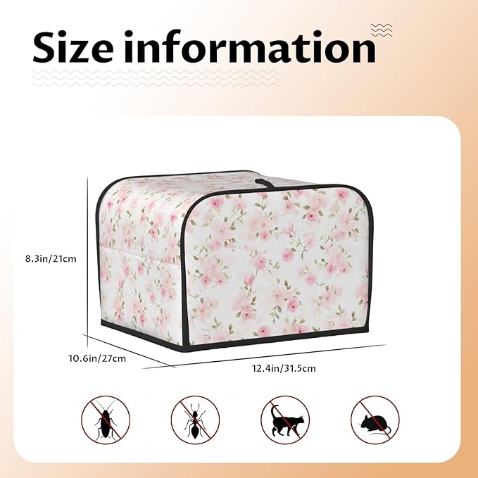 4 Slice Toaster Cover for Kitchen Rose Flower Pastel Waterproof and Dustproof Oxford Fabric Toaster Dust Cover with Side Pockets Decorative Universal Cover for Wide Slot Toasters and Small Appliances