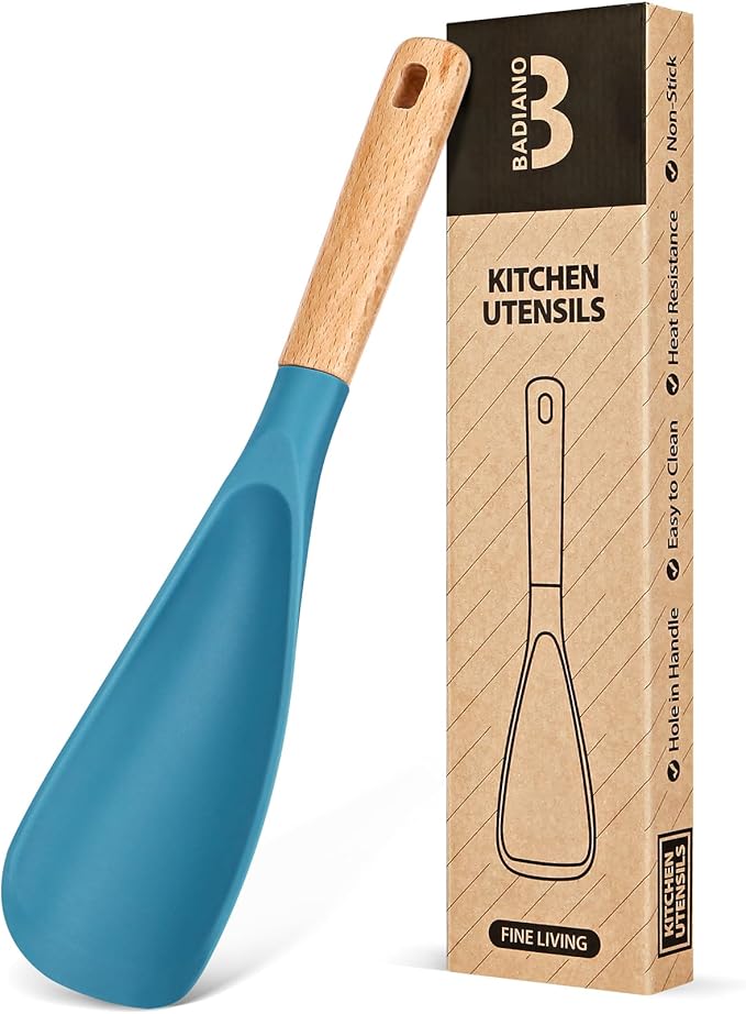 Cooking Spoon for Nonstick Cookwares, Great for Cooking and Serving Sturdy BPA-Free Matte Silicone, Wood Handle Spoon for Mixing, Scoop, and Scrape (TURQ, 11.4 inch)