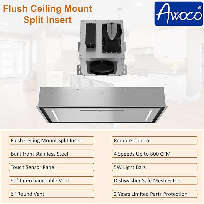Awoco 36”W Flush Ceiling Mount Split Insert Range Hood, Stainless Steel 4 Speeds 800 CFM, 6” Round Vent LED Lights Remote Control (36"W 19"D 6" Vent)