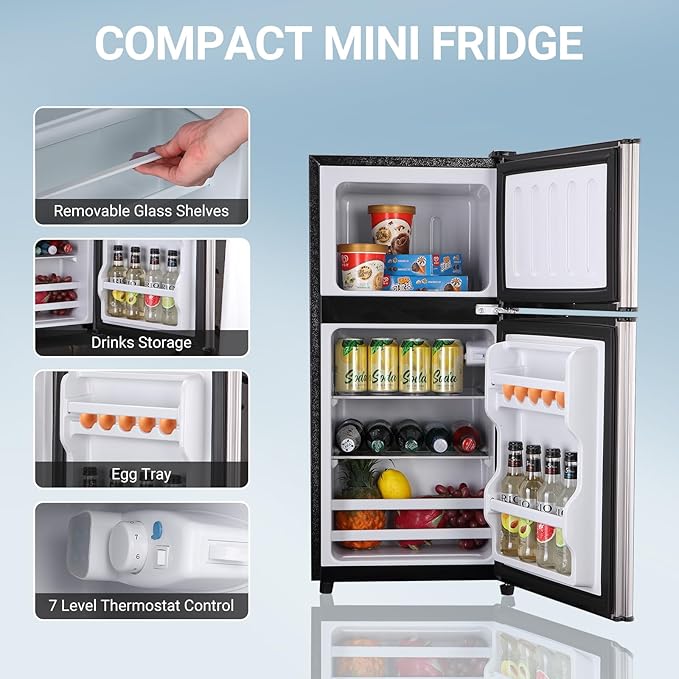 Mini Refrigerator with Freezer 4.0 Cu. Ft., Small Dorm Fridge with Freezer, Adjustable Thermostat Compact Fridge Freezers for Apartment, Dorm, Kitchen, Office, Silver