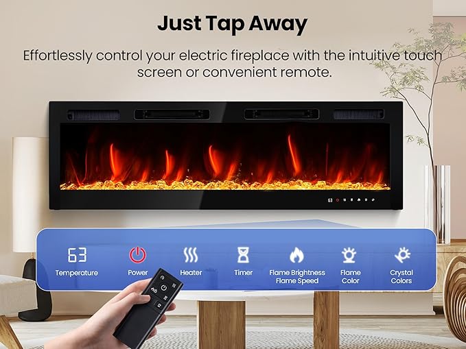 70" Electric Fireplace Realsmart Wall Mounted and Recessed 1500W Fireplaces Heaters with Remote Control Slim Black Wall Fireplace Adjustable 12 Flame Colors&5 Brightness Cool Touch Screen Timer