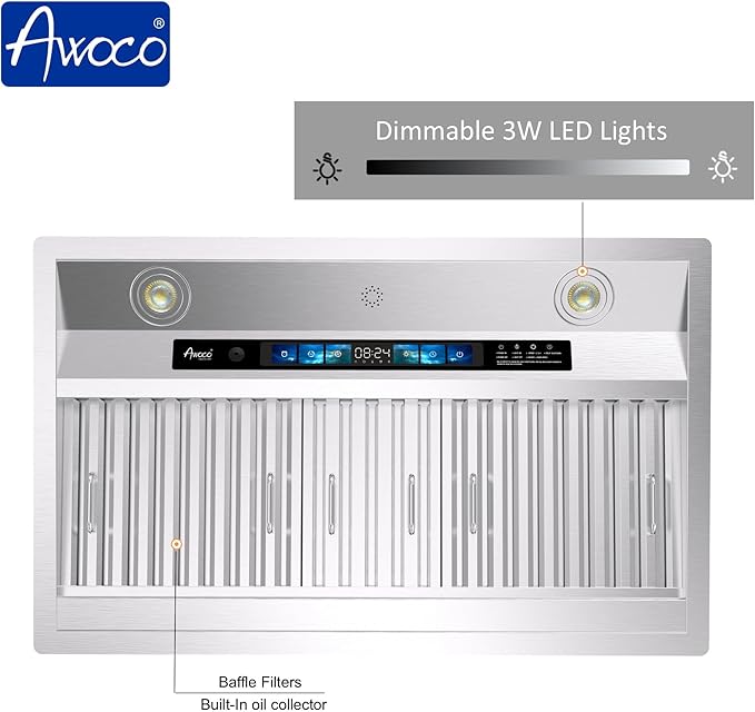 Awoco Range Hood Insert 30 Inch, Built-in Kitchen Hood with 800 CFM, Voice/Gesture/Touch Control, Stainless Steel Stove Hood with 4 Speed Exhaust Fan, Ducted, Ductless Convertible, Charcoal Filter