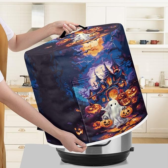 Halloween Theme Kitchen Appliance Decor 3 Quart Pressure Cooker/Air Fryer/Rick Cooker Dust Cover with Top Handle and Storage Pocket Halloween Castle Ghost Print