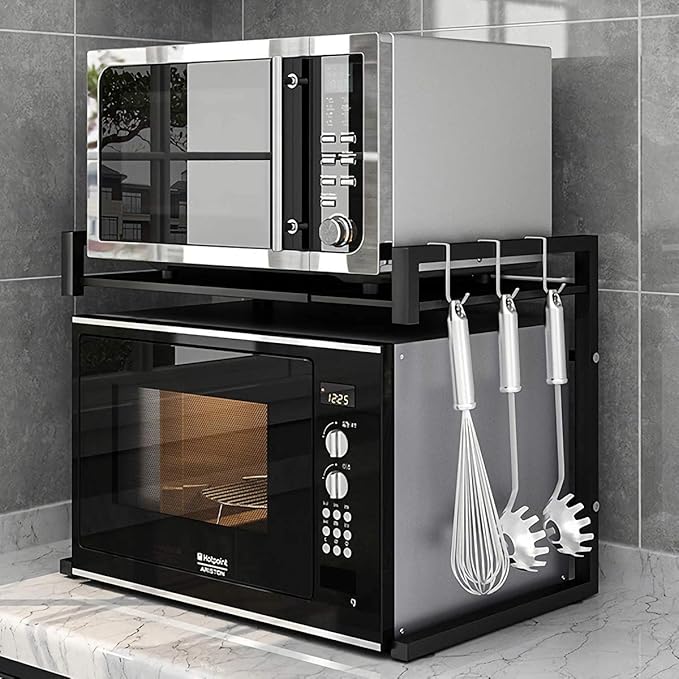 PUSDON Adjustable Carbon Steel Microwave Oven Rack, 2-Tier with 3 Hooks, 55lbs Weight Capacity, Black