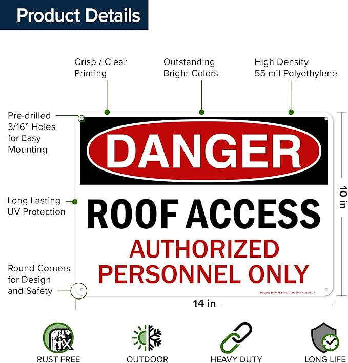 Danger Roof Access Authorized Personnel Only Sign, 10x14 Inches, 55 mil thick HDPE (high density polyethylene), Made in USA by My Sign Center
