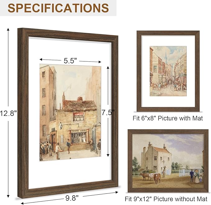 Vittanly 9x12 Picture Frame, Solid Wood Frame with Plexiglass, Includes 6x8 Mat, Wall Hanging or Tabletop for Photos, Home Decor, Brown, 1 Pack