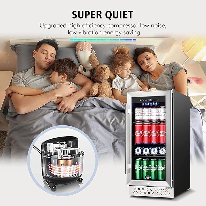 Tylza 15 Inch Beverage Refrigerator, 130 Cans Quiet Beverage Fridge, 15'' Beverage Cooler Under Counter with Glass Door and Lock for Built-in or Freestanding With Temperature Memory Function TYBC100
