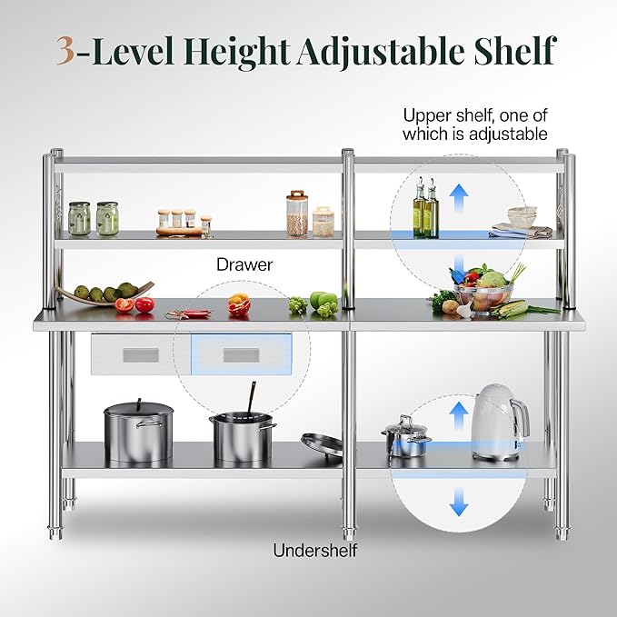 84"x24" Stainless Steel Work Table with Overshelves, 2/3 Drawers, Adjustable Shelf & Hooks, NSF-Certified Heavy-Duty Prep Station for Commercial Kitchen, Restaurant, or Garage