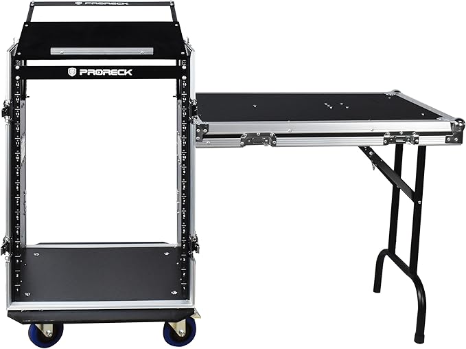 PRORECK 16U Rack/Road Case with Slant Mixer Top, One Side Table and Casters, 20'' Rackable Depth, Plywood, 16U Installation Size, Pro Stage Performance