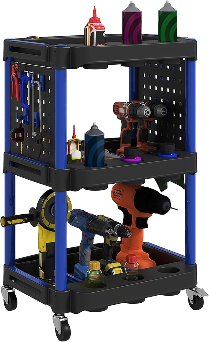 HOMCOM 3-Tier Rolling Tool Cart with Wheels, 200 LBS Capacity Plastic Utility Cart with Side Shelves, Mobile Service Tool Organizer for Garage, Warehouse, Workshop, Black and Dark Blue
