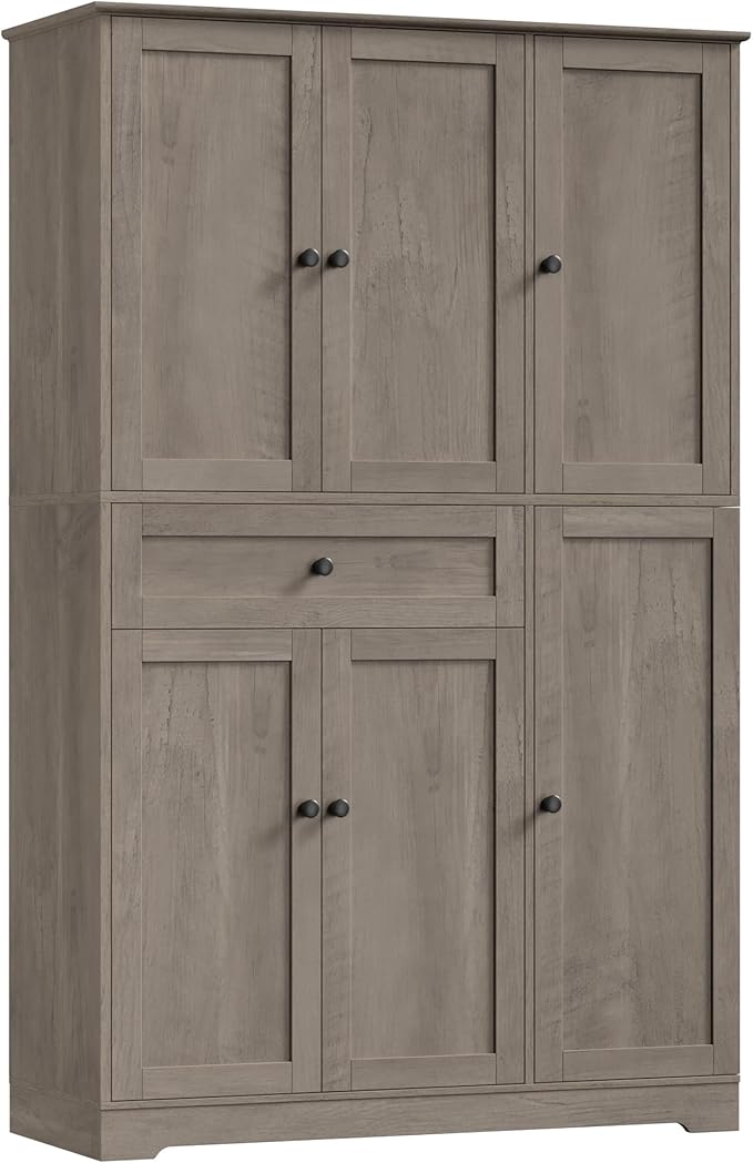 HOSTACK 68" Tall Kitchen Pantry Storage Cabinet, Modern Kitchen Hutch Cabinet with Doors and Shelves, Freestanding Food Pantry with Large Storage Drawer for Dining Room, Living Room, Ash Gray