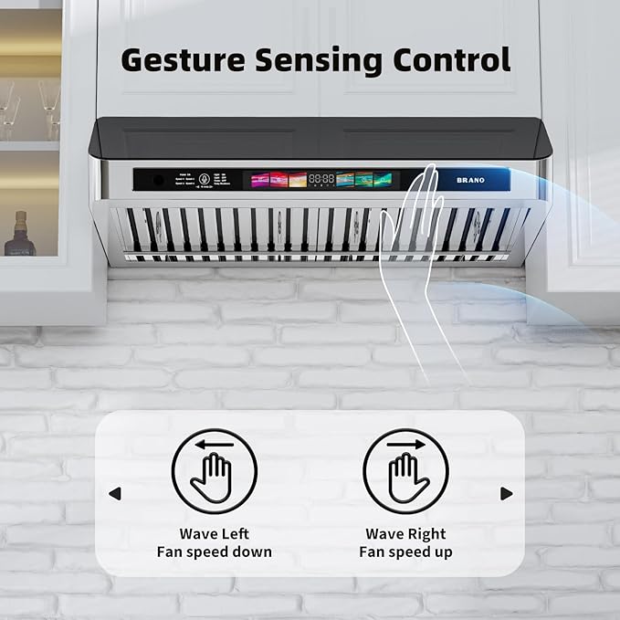Under Cabinet Range Hood 36 Inch with Voice/Gesture/Touch Control, 900 CFM Stainless Steel & Upgraded Black Tempered Glass Ducted Kitchen Vent Hood with 4 Speed