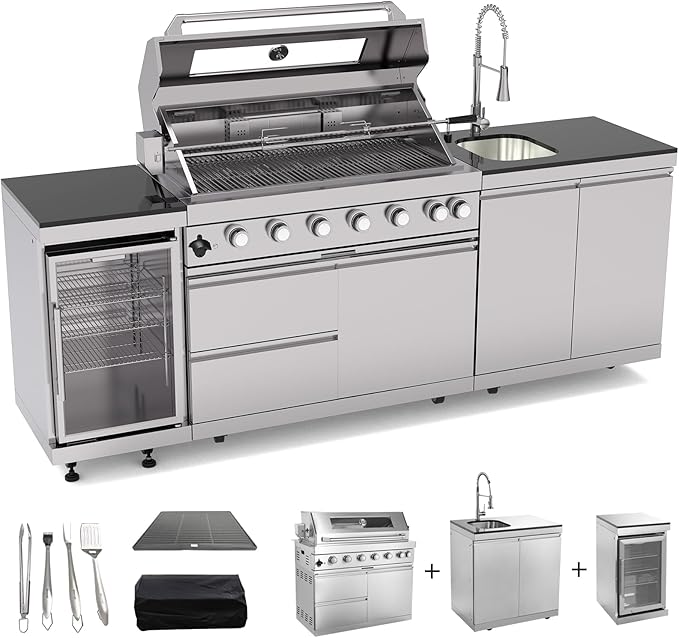 Outdoor Kitchen Island, 95.5 Inch 85000 BTU Gas Grill Combination With Refrigerator and Sink, Outdoor Stainless Steel Barbecue Bar, 6 Burner Propane Grill for Patios, Gardens, Parties