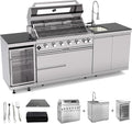 Outdoor Kitchen Island, 96 Inch 6 Burner Gas Grill Combination With Refrigerator and Sink, Outdoor Stainless Steel Barbecue Bar, Natural Gas Barbecue Grill 85000 BTU for Patios, Gardens, Parties