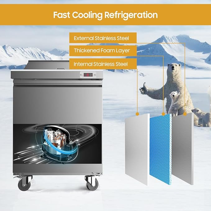 29" Commercial Refrigerator Sandwich&Salad Prep Table Fridge with 8 Pans 1 Door Stainless Steel Counter Fan Cooling Refrigerators