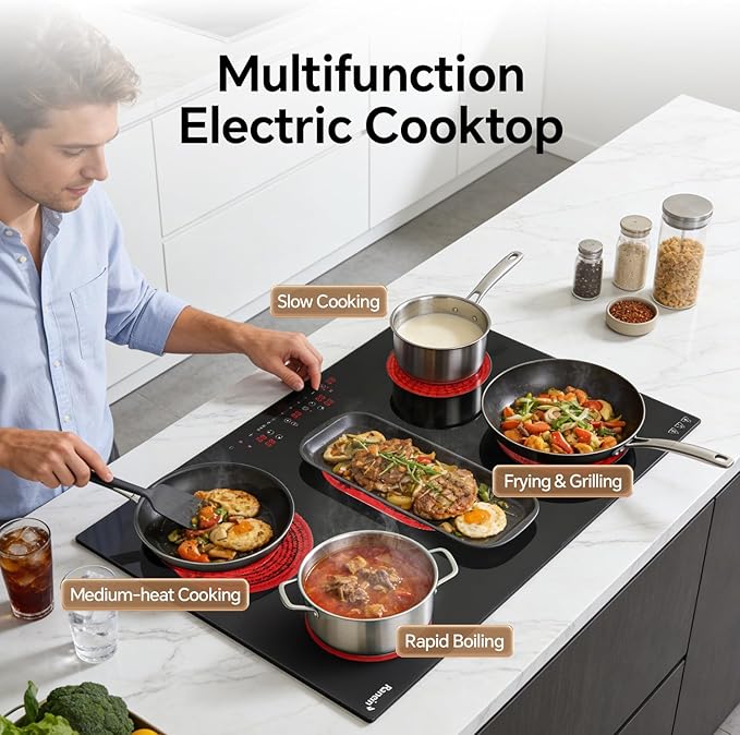 Ranein Electric Cooktop with 5 Burners, 30 inch 8800W 240V Ceramic Panel Electric Cooktop, Multiple Safety Protections Stove, Touch Screen