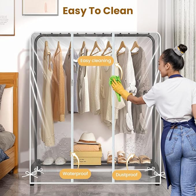 Garment Rack Cover waterproof ransparent Clothes Rack Cover, PEVA Dustproof Wardrobe Hanging Protector Rack Organizer with 2 Smooth Zipper(60 * 20 * 60inch)