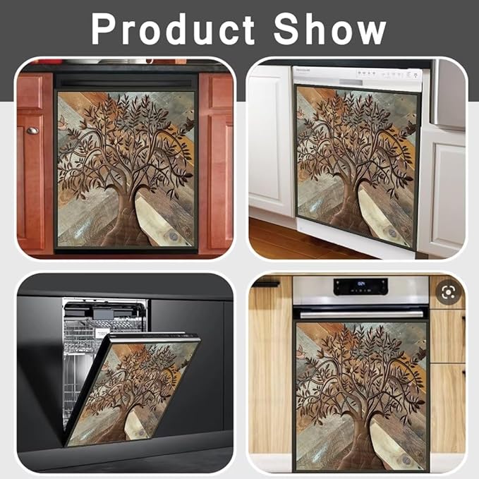 Stainless Steel Tree of Life Dishwasher Magnet Cover for Front, Wooden Door Magnetic Refrigerator Cover Skin Decor, Birds Dishwasher Panel Decal, Magnetic 23" x 26"