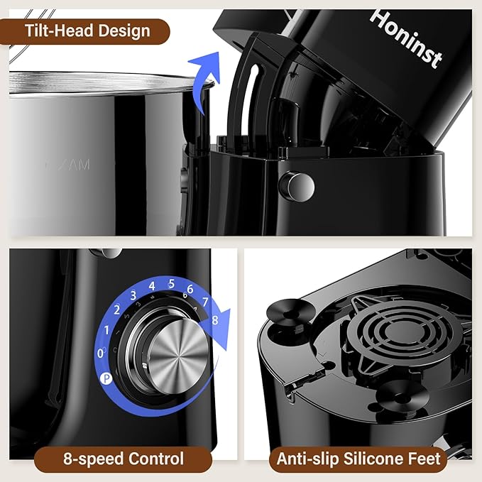 Stand Mixer, 3-In-1 8-Speed 660W 6.5QT Tilt-Head Food Electric Mixers with Bowl, Dough Hook, Whisk and Beater, Kitchen Mixer for Baking, Cake and Most Home Cooks, Black