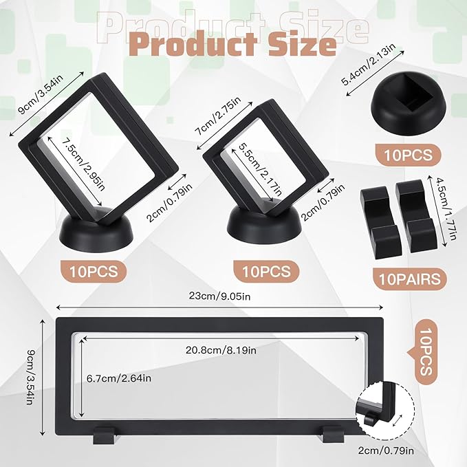 30 Pack 3D Floating Display Stand Floating Frame Display Case Coin Display Holder with Base Transparent PE Jewelry Storage Box Black Freeze Seal Frame for Jewelry,Specimen,Medallions(Black)