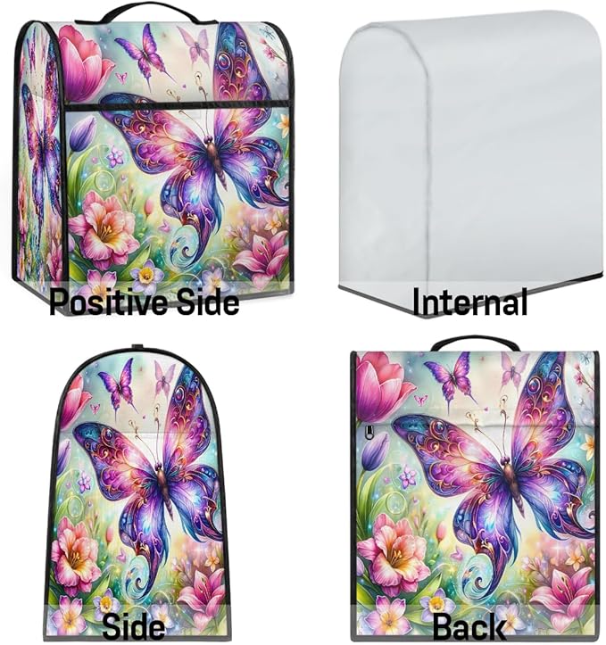 Kitchen Aid Mixer Cover Butterfly Color Flowers Stand Mixer Cover Compatible with 6-8 Quarts Stand Mixers, Dust Covers with Zipper Pocket Foldable Washable Kitchen Aid Organizer Bag