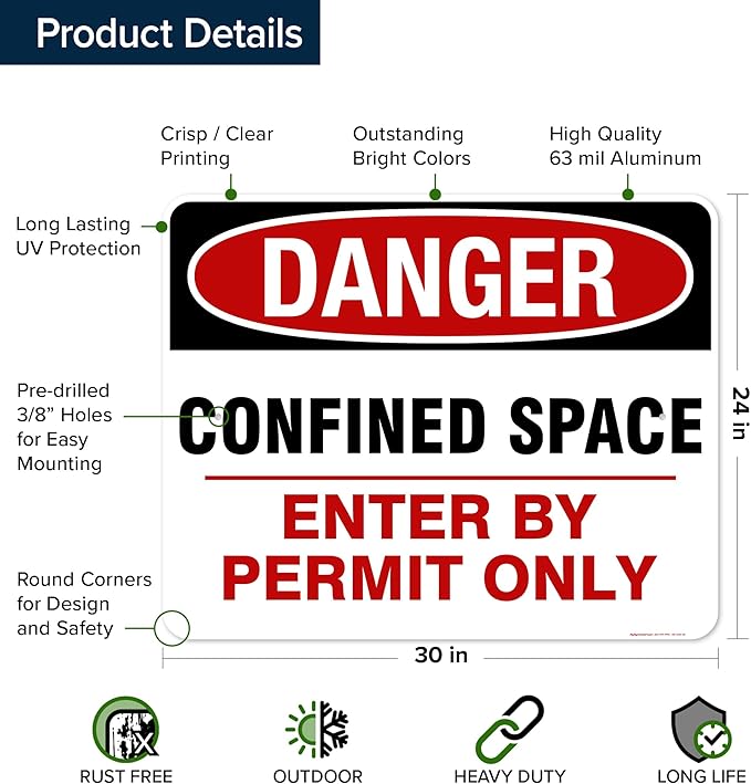Danger Confined Space Enter By Permit Only Sign, 24x30 Inches, Rust Free .063 Aluminum, Fade Resistant, Made in USA by My Sign Center