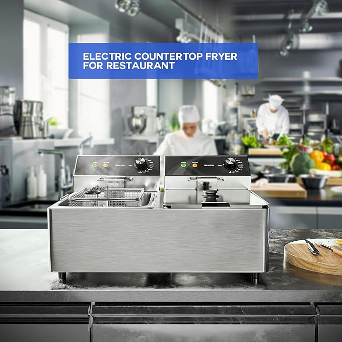 Commercial Deep Fryer Stainless Steel Dual Tank Electric Deep Fryer with 2 Baskets Capacity 2 X 10L Electric Countertop Fryer for Restaurant and Home Use, 120V 3600W
