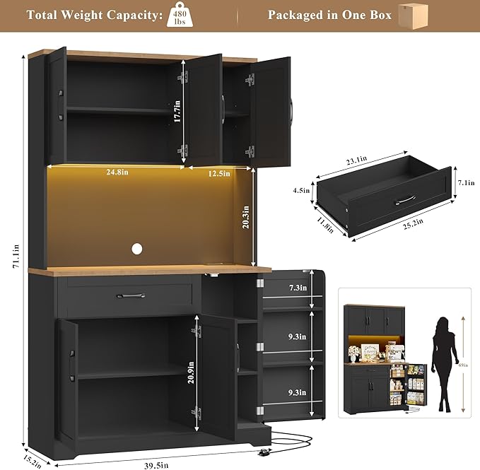 HIFIT 71" LED Kitchen Pantry Cabinet with Power Outlet, Tall Hutch Storage Cabinet with Microwave Stand & 6 Door Shelves, Modern Food Pantry Cabinets with Drawer for Kitchen Dining Living Room, Black