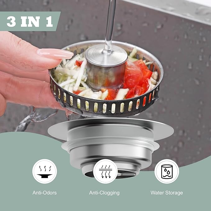 Sink Drain Strainer 3 in 1, 304 Stainless Steel Pop Up Sink Stopper, Anti-Clogging Sink Strainer, Kitchen Sink Strainer, Drain Cover and Kitchen Accessories for US Standard Sink(Silver)