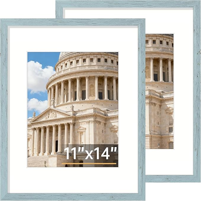 Vittanly 11x14 Picture Frame Set of 2, Solid Wood Frame for Wall Art Photo and Prints, Display Photo 8x10 with Mat or 11x14 without Mat, Rustic Blue