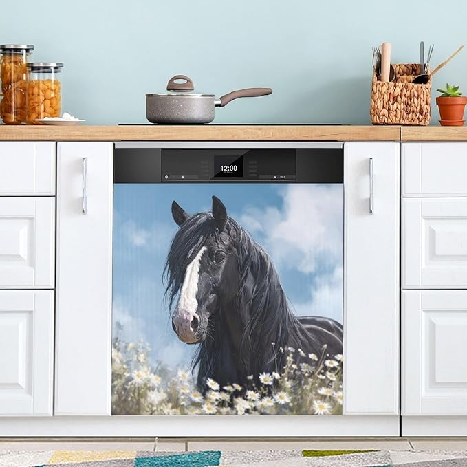 Black Horse Daisy Flowers Dishwasher Magnet Cover for Front Panel Magnetic Dishwasher Cover Decorative Refrigerator Magnet Covers Appliances Stickers for Kitchen Home Decor, 23" x 26"