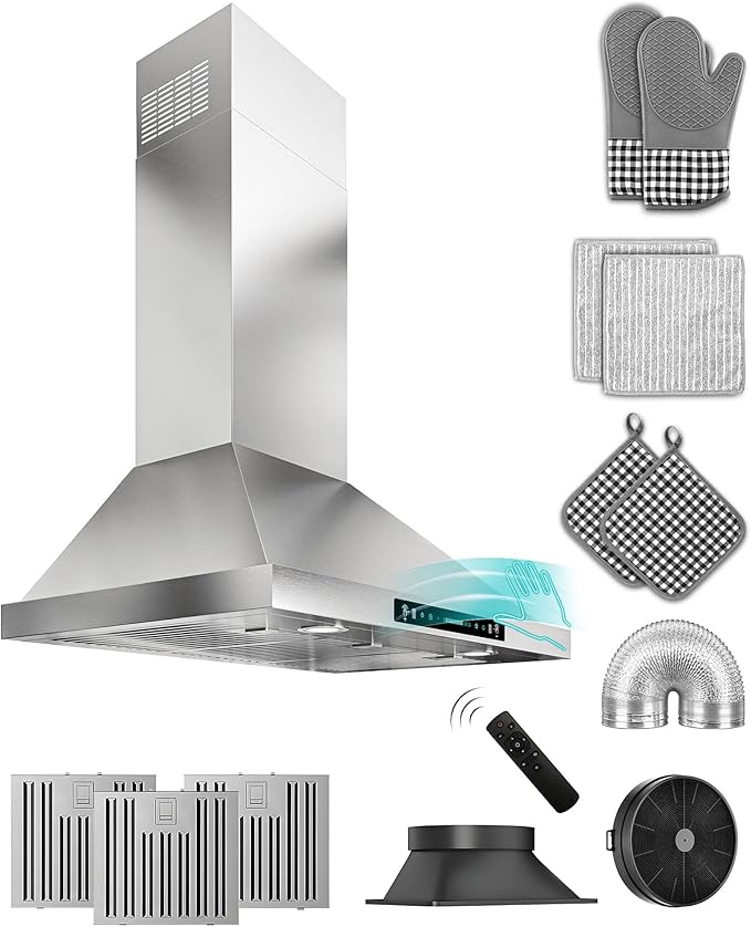 36 inch Stainless Steel Wall Mount Range Hood - 900 CFM, Gesture Control, Ultra-Quiet 4-Speed Vent, LED Lights, Ducted/Ductless Convertible