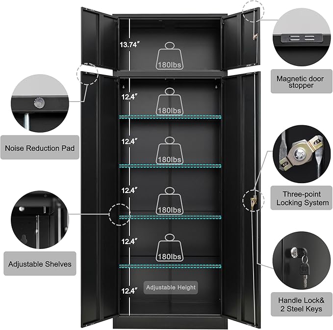 CJF Metal Storage Cabinet, 87-inch Tall Large Locking Cabinet Garage Storage Cabinet with Adjustable Shelves & Locking Doors for Home Office, Garage and Utility Room-Black
