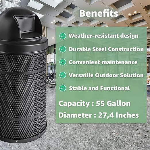 55 Gallon Perforated Recycle Container with Plastic Dome Lid, Steel Outdoor Heavy-Duty Commercial Trash Can, Black Round Waste Bin, Durable Garbage Can for Municipalities, Schools, Parks, Parking