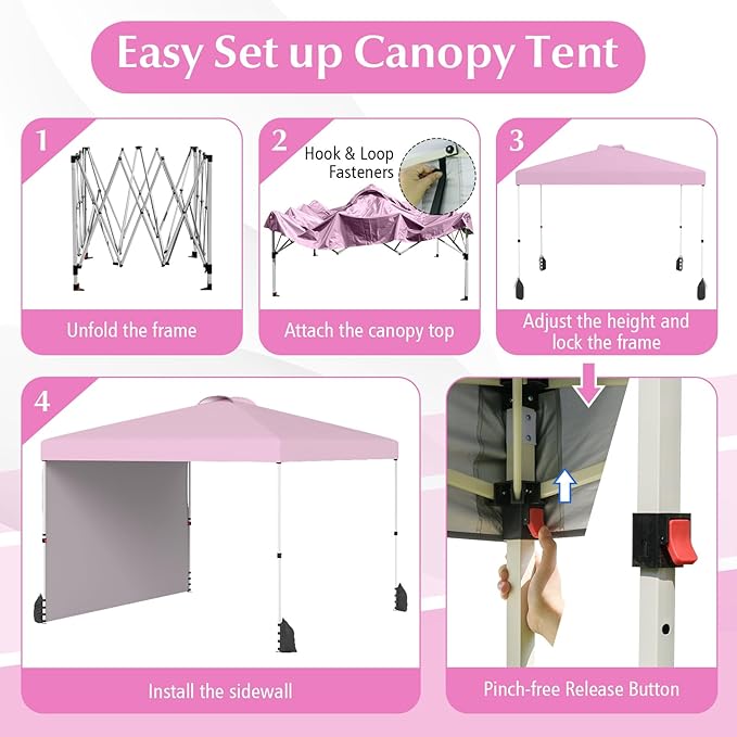 Tangkula 10x10 FT Pop up Canopy with Sidewall, Easy Setup Outdoor Tent with Wheeled Bag, 4 Sandbags, 4 Ropes, 4 Anchors, 8 Stakes, Vented Top, Portable Canopy Tent for Party Event Patio (Pink)