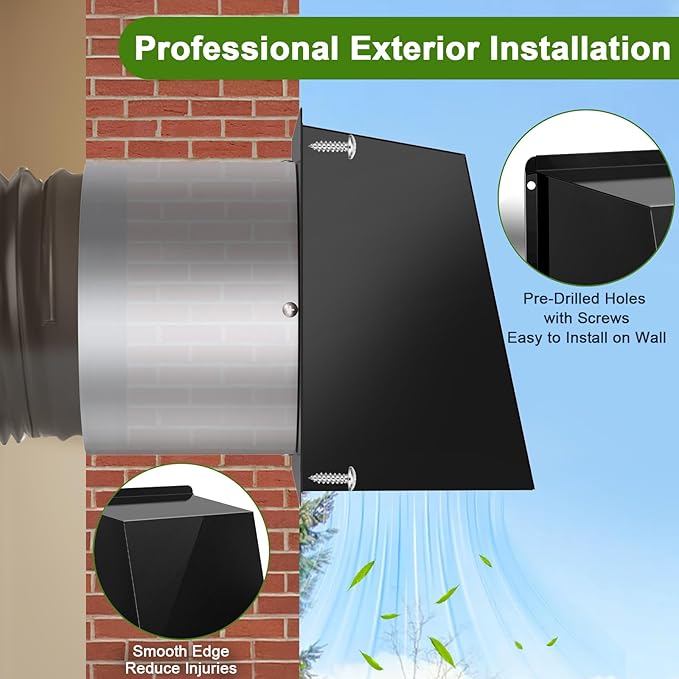 8 Inch Hooded Wall Vent, Dryer Wall Vent Cover Outside with Screen and Damper, Wall Exhaust Vent Cover, Outdoor Air Vent Cap for Range Hoods/Kitchen/Bathroom/Laundry/Basements/Garages, Black