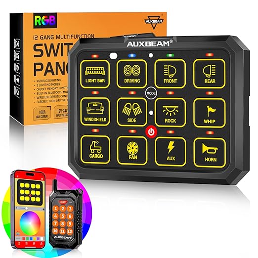 Auxbeam 12 Gang Switch Panel Bluetooth RGB AC-1200 with APP&Remote Control Toggle Momentary Pulsed Switch Pod Off Backlight for Truck Offroad 12-24V Waterproof 2 Years Warranty (Patent Registering)