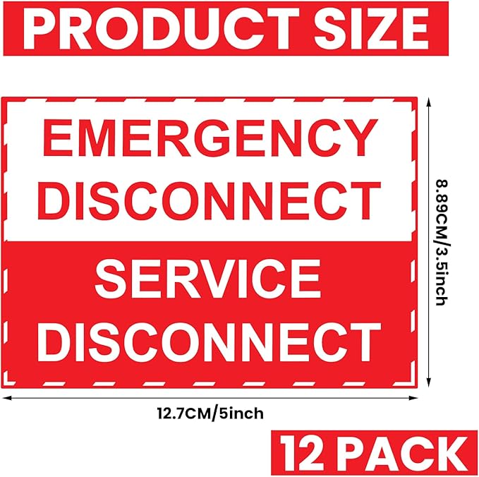 LEIFIDE 12 Pack NEC Compliant Emergency Disconnect Sticker 5"x 3.5" Emergency Disconnect Service Warning Sticker Shut Off Sign Uv-Resistant Electric Panel Labels Vinyl Waterproof for Indoor Outdoor