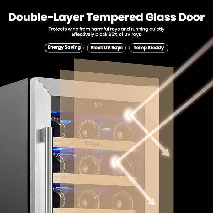 Yeego Wine Fridge – 15 Inch 33 Bottle Wine Cooler Refrigerator with Glass Door, 40-65℉ Built-In or Freestanding, Adjustable Shelves Wine Fridge Ideal for Home Bar & Kitchen