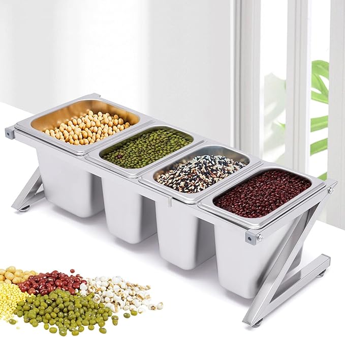 Pizza Topping Station with 4 Pans& Lids, Stainless Steel Food Container Pans Condiment Dispenser Countertop Spice Rack Organizer Shelf Holder for Seasoning Sauce Salad Jam Fruits Ingredients