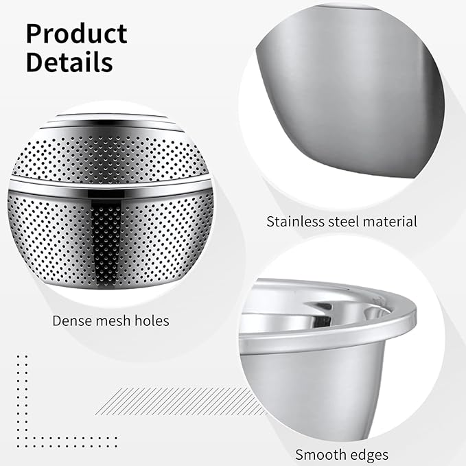 4 Pcs Stainless Steel Mixing Bowls Drain Basket, Set with Strainer, 24 cm/9.45 in and 30 cm/11.8 in Solid and Perforated Bowls, Rust-Resistant Kitchen Helper for Washing, Draining, and Filtering
