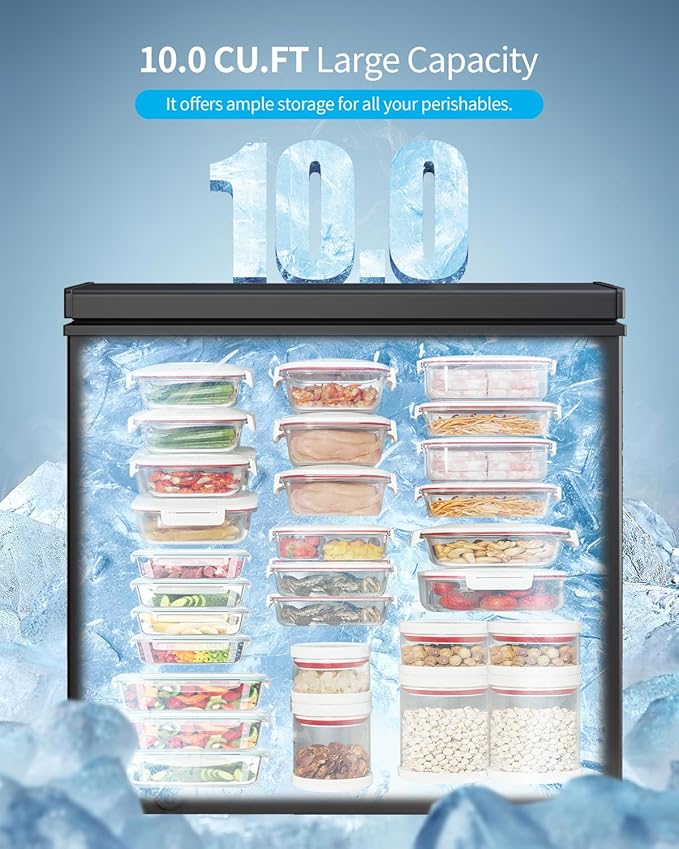 TABU 10 Cu Ft Deep Freezer,Top Opening Chest Freezer with Removable Basket, Energy Saving Compact Freezer with 7 Level Adjustable Thermostat(Black)