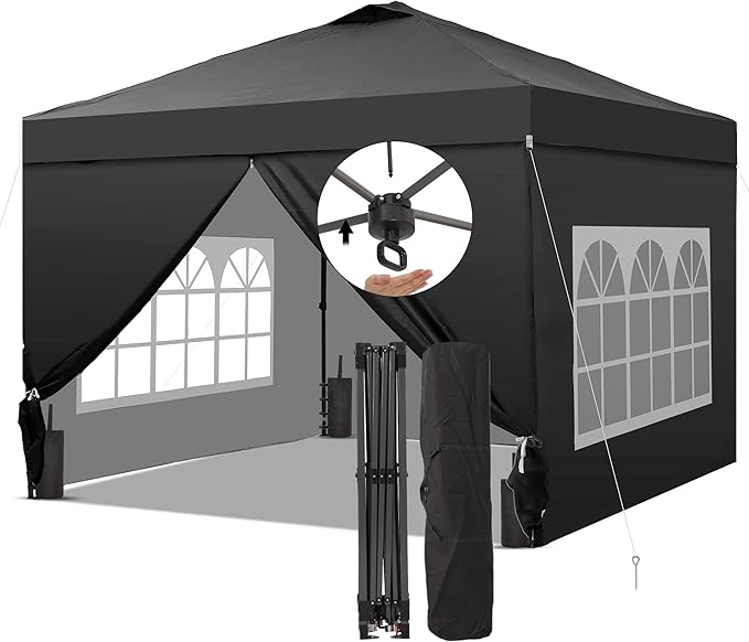 Saemoza 10x10 Pop Up Canopy Tent with One Push Setup, Portable Sun Shade Tent, Instant Easy Up Canopy with 4-Sidewalls & Handbag, Outdoor Fldable Gazebo with Vent Top, Black.