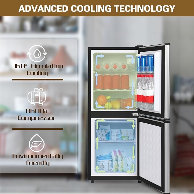 Small Fridge with Freezer 4.2 Cu.Ft., Mini Fridge and Freezer for Dorm with Adjustable Thermostat, Apartmet Size Refrigerator Compact Refrigerator for Kitchen, Dorm, Office, Silver