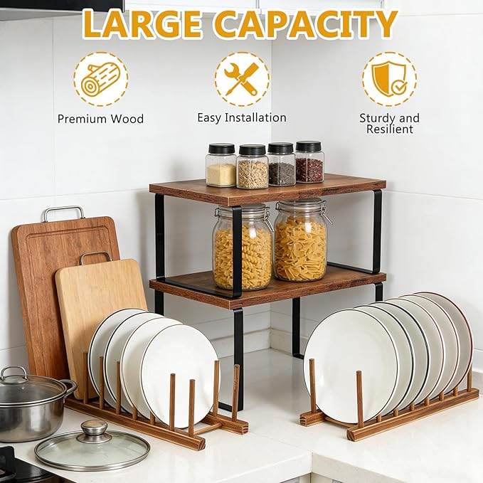 5 Pcs Kitchen Organizer Accessories Set Kitchen Storage Organizer Versatile Display Shelf Include Cabinet Organizer Shelf and Bamboo Dish Drying Plate Rack for Dish Plate Cup Pot Lid Cutting Bowl Cup