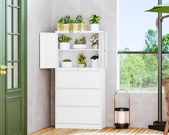 Letaya 3 Drawer Metal Storage Cabinets for Home Office,File Cabinet with Lock and 2 Adjust Shelves-Hang Filing Legal/Letter/A4/F4 Size（White）