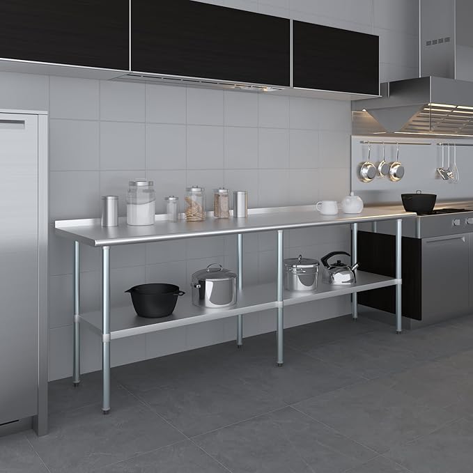 AmGood Stainless Steel Work Table with 1.5" Backsplash | Metal Kitchen Food Prep Table | NSF (96" Long x 24" Deep)