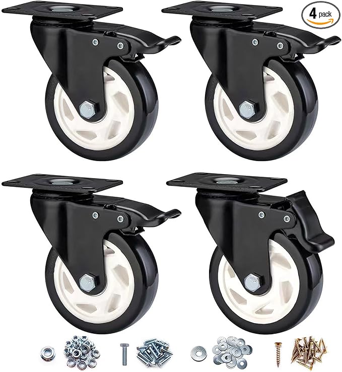 Heavy Duty Locking Caster Wheels with Brake, Non-Marking Swivel Casters Set for Cart & Furniture, 4 Inch Set of 4 / Black