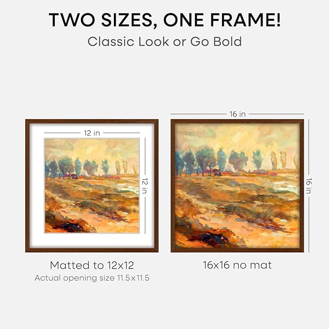 Homeforia 16x16 Brown Picture Frame, High End Dark Oak 16 x 16 Square Wood Frame with Mat 12 x 12 for Photo, 16by16 Wooden Walnut Poster Frame Matted to 12x12 Print, Tempered Glass, Wall Kit, Set of 4