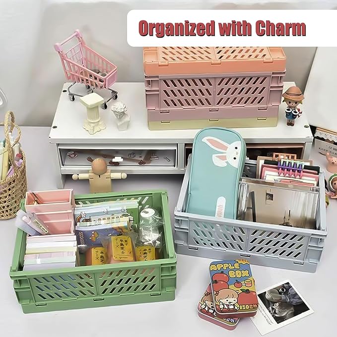 Small Pastel Plastic Storage Bins 2Pcs Foldable Pastel Crates Plastic Basket Colorful Storage Containers Baskets for Classroom Kitchen Office Bedroom Desktop Home Decor (Green 5.8" x 3.8" x 2.2")